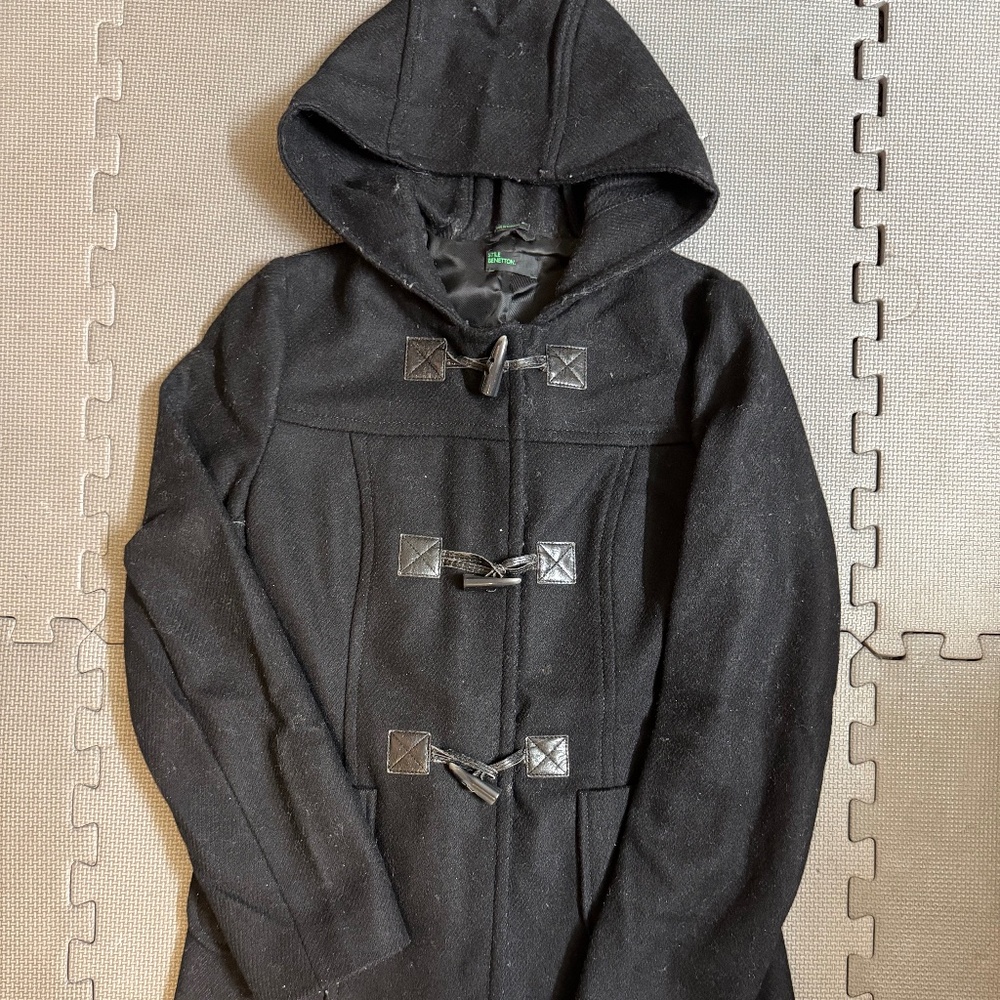Stile Benetton Classic Black Wool Duffle Coat